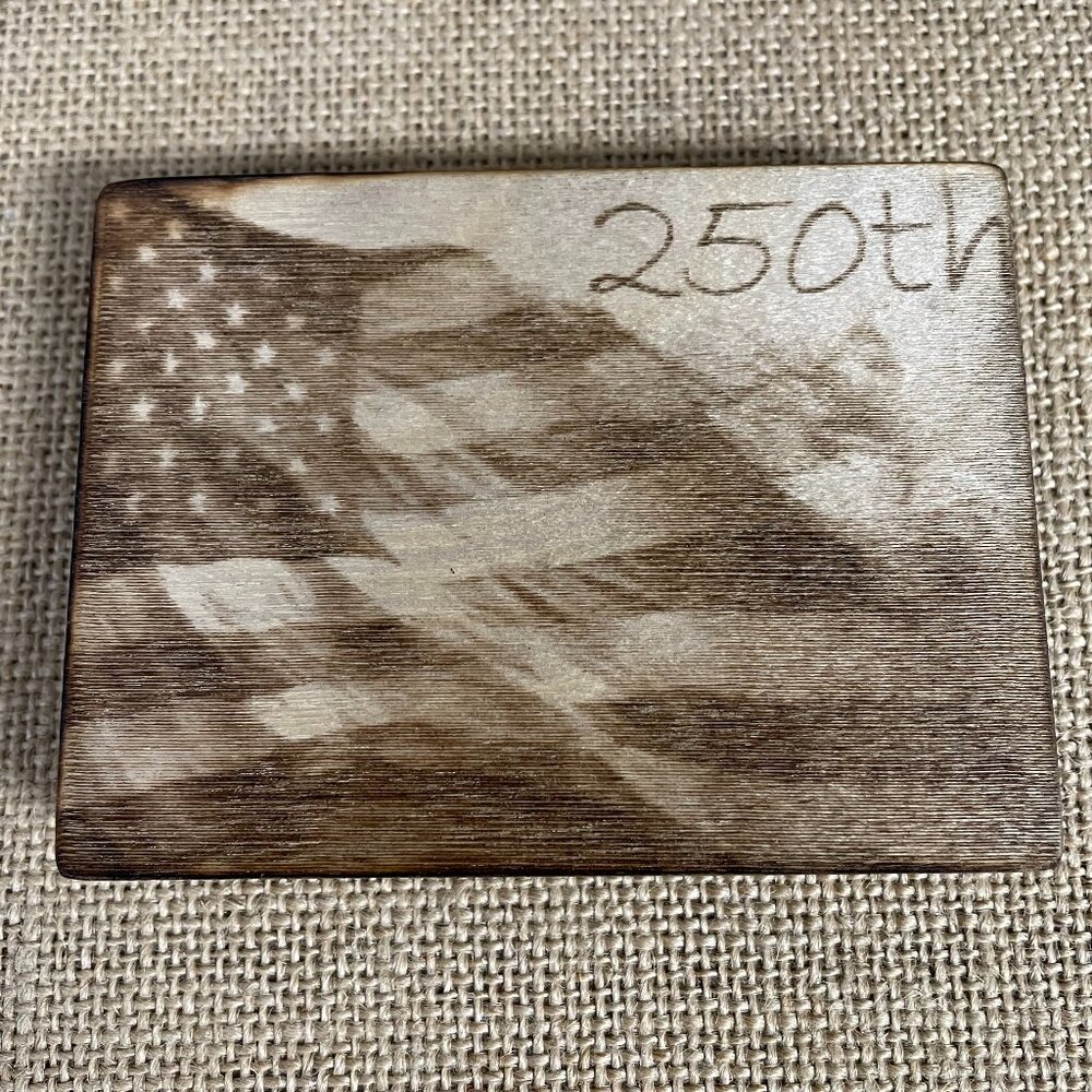 Shelf Sitter hand-made Lazered 250th w/American Flag on wood